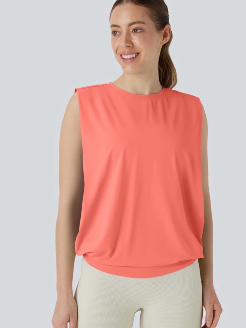 Halara Round Neck Ruched Cool Touch Yoga Tank Top-UPF50+ Coral Sz M